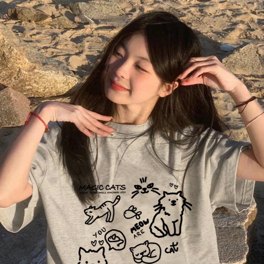 Fat mm summer loose t-shirt women's gray thin large size catty short sleeve niche front shoulder crew neck top design sense