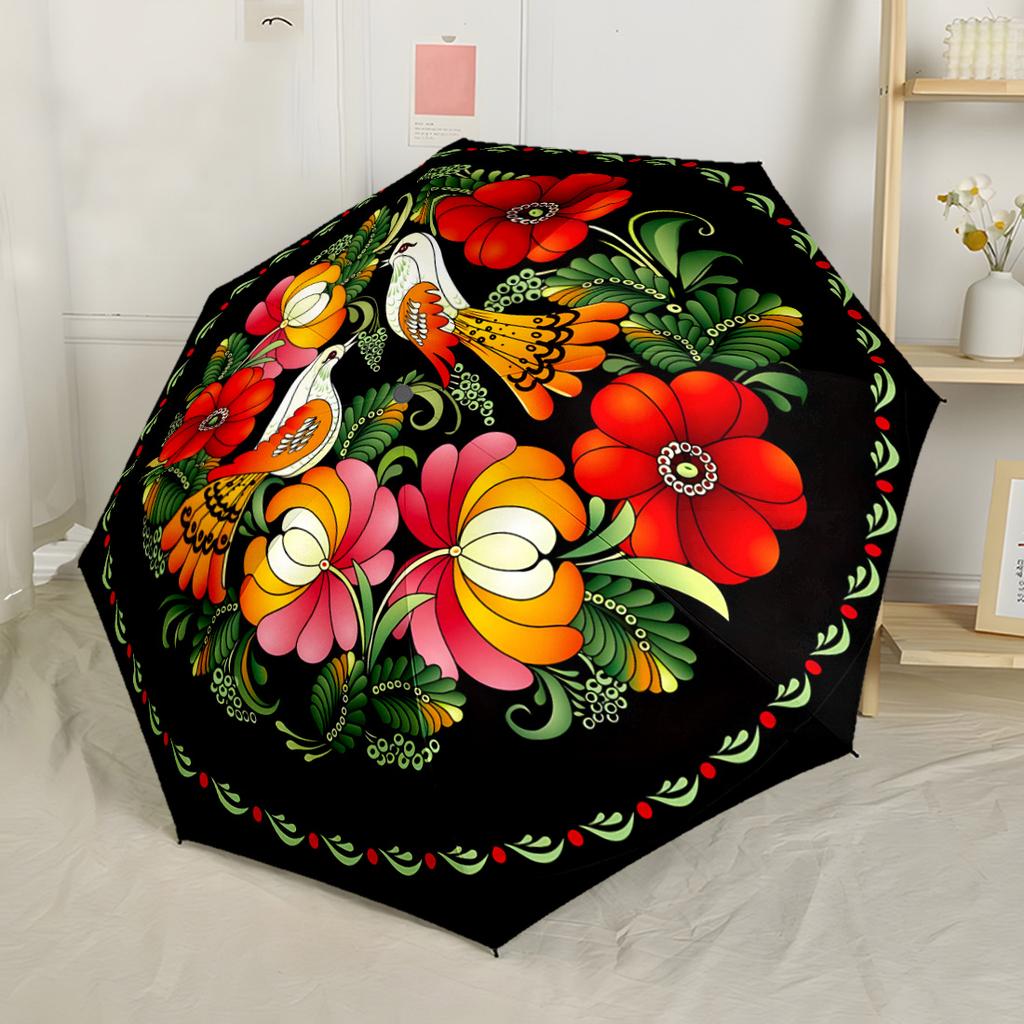 Floral Birds Mandala Design Outdoor Automatic Umbrella with 8-Rib Sturdy Construction for Outdoor Daily Use Compact Folding Umbrella