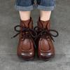 Johnature Vintage Cowhide Handmade Short Boots Genuine Leather Lace Up Round Toe Soft Soled Boots Women's Shoes