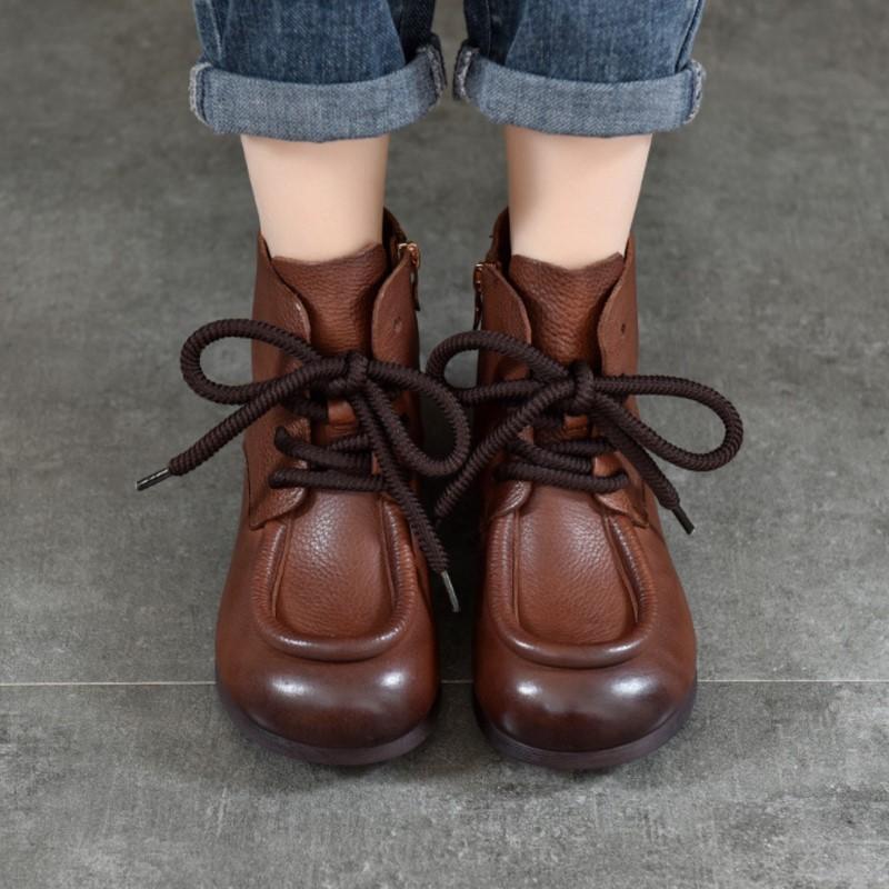 Johnature Vintage Cowhide Handmade Short Boots Genuine Leather Lace Up Round Toe Soft Soled Boots Women's Shoes