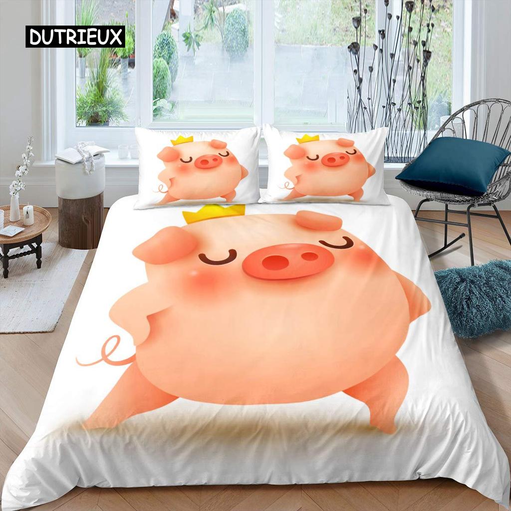 Pig Duvet Cover Set Cute Pig Bedding Set King Size Zoo Quilt Cover Happy Farm Animal Comforter Cover with Zipper Closure for Kid