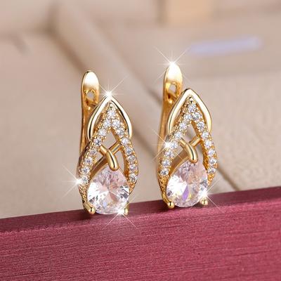 Luxury Gold Color Waterdrop Cut Shiny White Zircon Drop Earrings Hollow Design Dangle Earring Wedding Jewelry Party Gift
