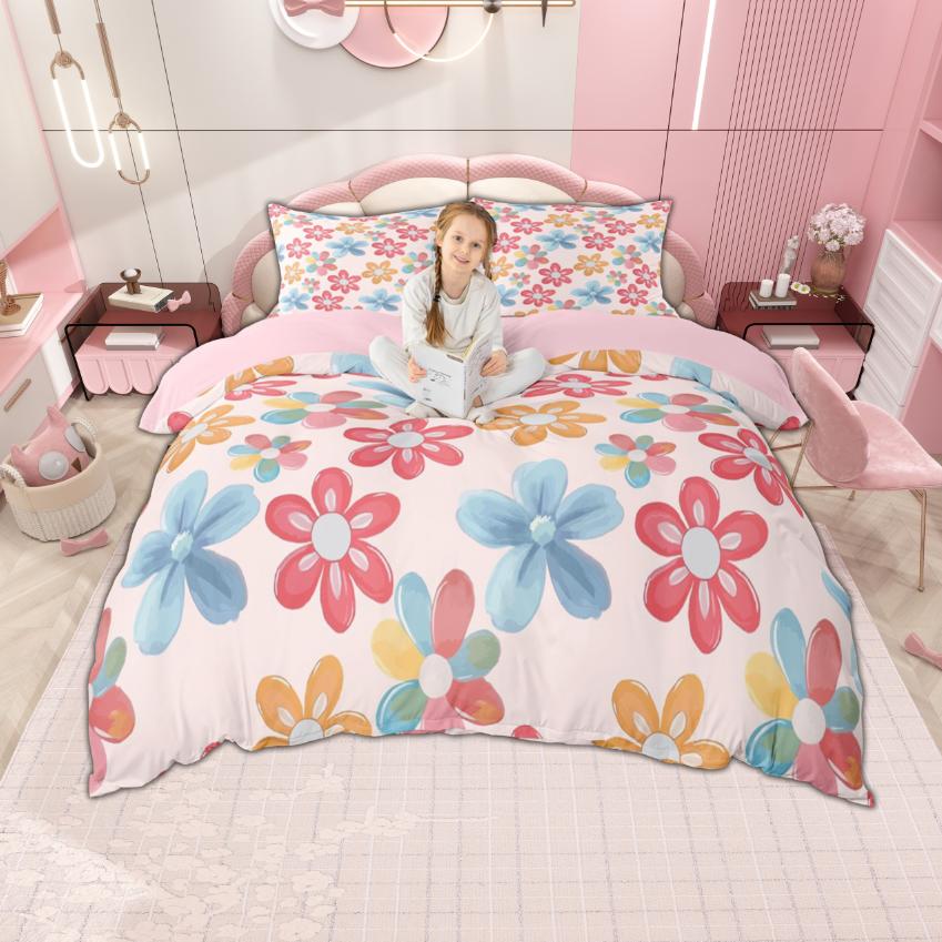 Homewish Colorful Floral Duvet Cover Set For Girls 2Pcs/3Pcs Cute Daisy Strawberry Bedding Cherry Flower Checkered Bed Set