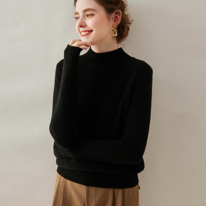 Damen Kaschmir Einfarbig Halbhoher Kragen Pullover - Schlankmachend, Lockere Passform, Gestrickter Langarm für Herbst/Winter.