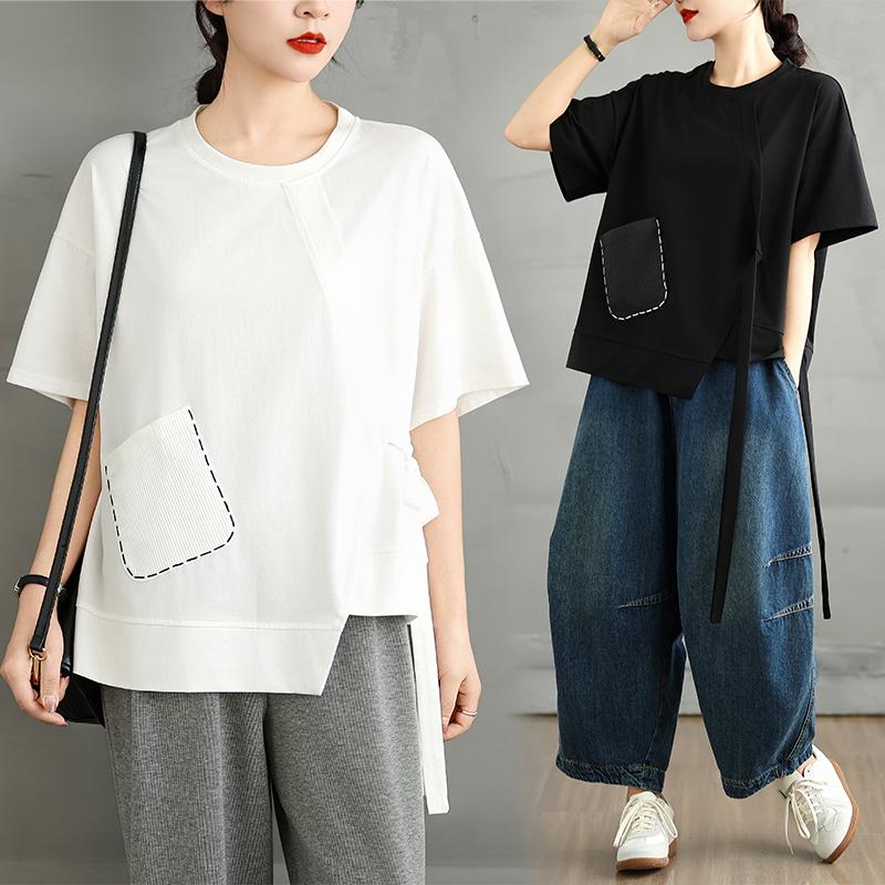 Dimanaf 2025 Summer T-Shirt Plus Size Women Solid Casual  Asymmetrical Short Sleeve Loose