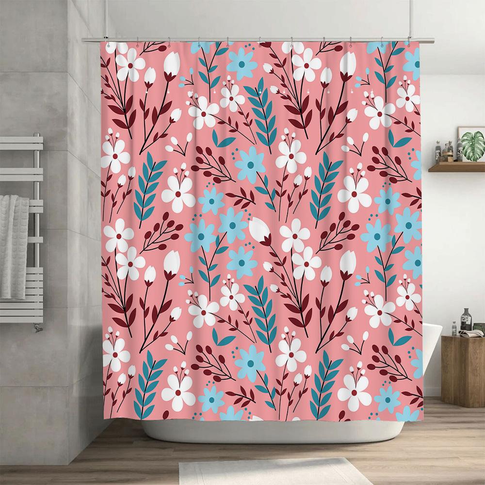 Pink White Floral Shower Curtain Set Bath Decor With Blue Accents Fabric Shower Curtains For Home Decor In Bathroom (Set Of 1)