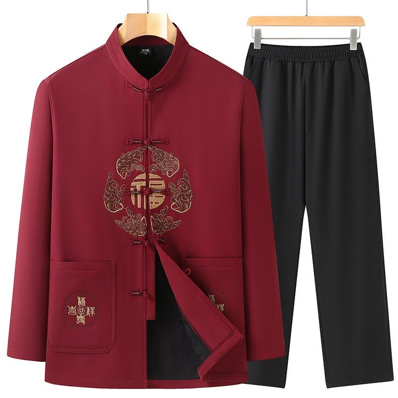 Mid-autumn and Winter Velvet Jacket Men's Clothing Medium and Old Casual Tang Clothing Red Suit Embroidery Embroidery Tang Clothing