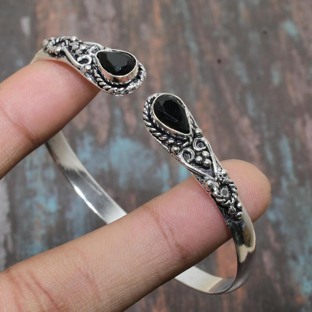 Black Spinel Gemstone Handmade Cuff Jewelry 925 Sterling Silver Bangle Adjustable For Women