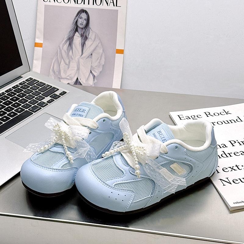 

Spring new pearl bow soft sole not tired feet round head easy to wear sweet wind casual board shoes 40 синий