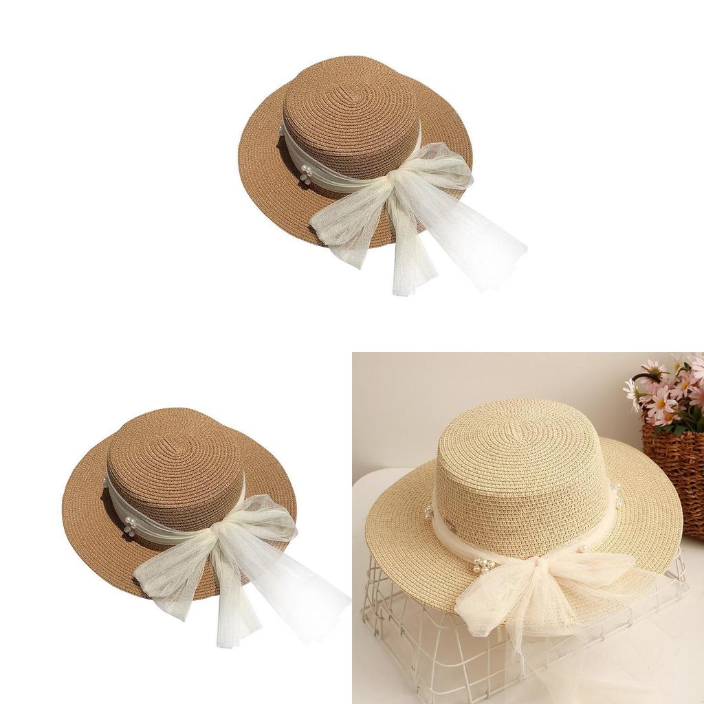 Womens Casual Packable Straw Hat With Large Brim And Pearl Embellishments For Outdoor Use