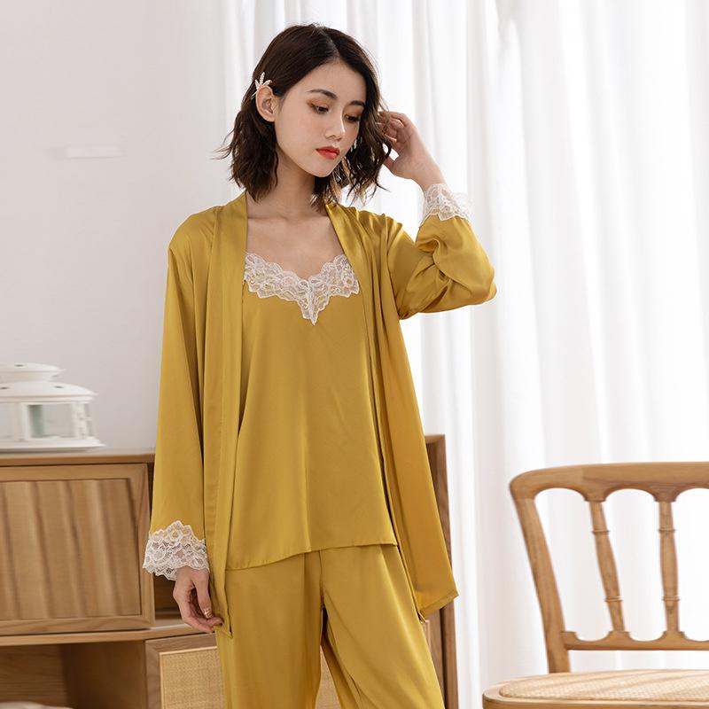 Leopard Printed Satin Ice Silk Pajamas Women's Spring and Summer Thin Suspender Robe Trousers Three Piece Suit Household Clothes