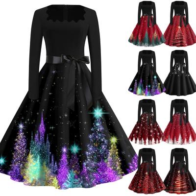 Christmas Print Flare Dress For Women Long Sleeve Dress Hollow Party Casual Square Collar Dresses