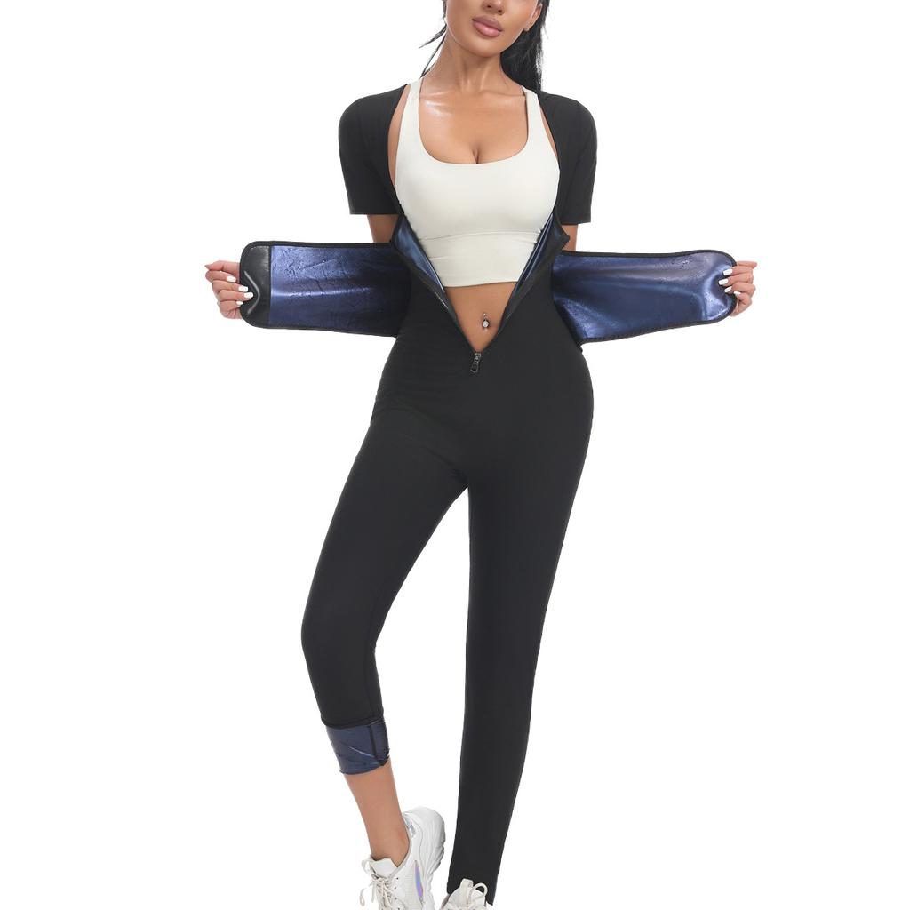 Professional Short Sleeve Sauna Jumpsuit with Adjustable Waist Trimmer Thermal Sweat Body Shaper Women Gym Workout Wear