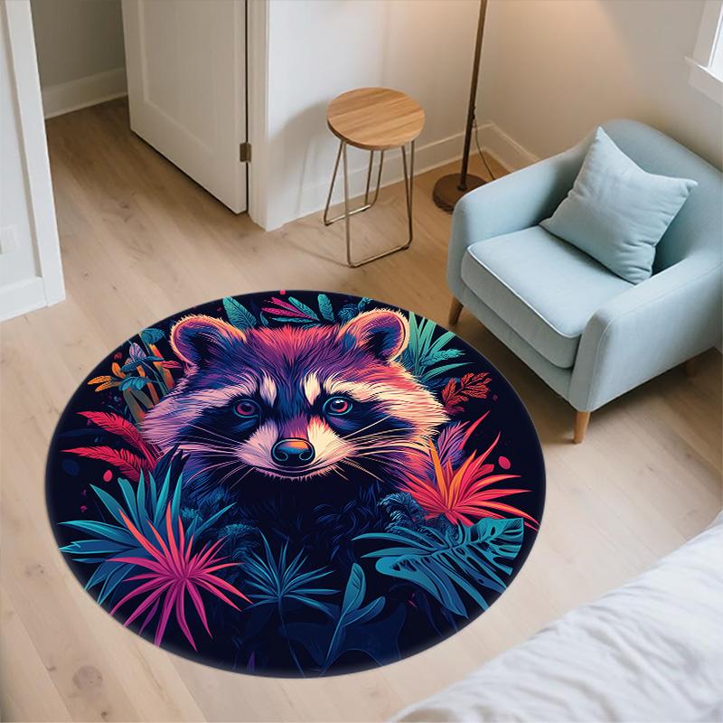 Colorful Raccoon,Round Area Rug,Carpet Rug for Living Room Bedroom Sofa Playroom Decor,Non-slip Floor Mat