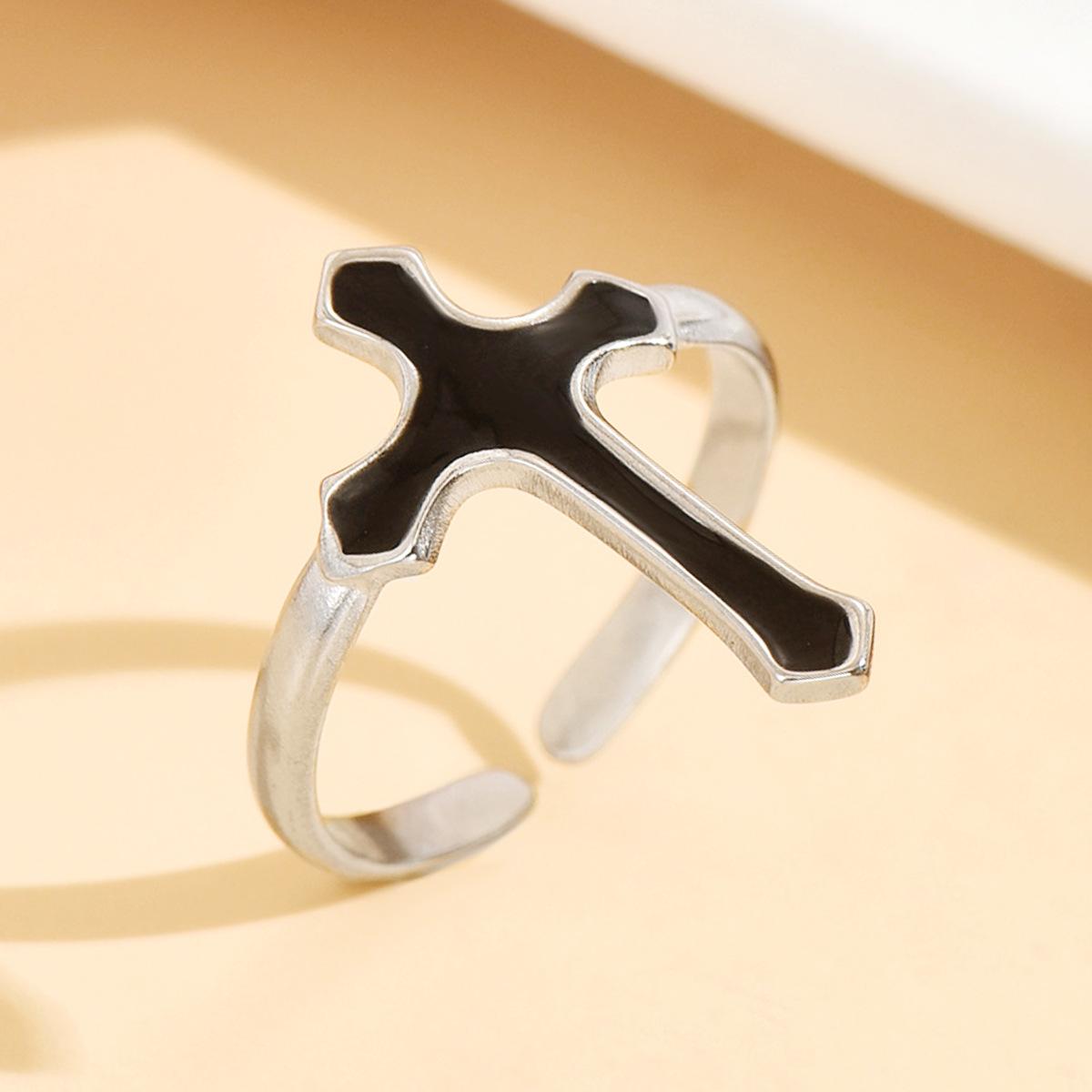 Stainless Steel Punk Cross Ring with Black Enamel