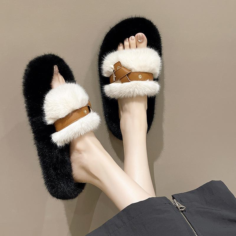 Internet Celebrity Thick-soled Cross-strapped Fluffy Shoes for Women's Autumn and Winter Wear 2025 New Retro One-word Drag Soft-soled Household Cotto