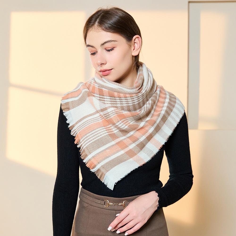 Autumn and Winter Long Scarf with Fringed Warm Women's Imitation Cashmere Plaid Shawl
