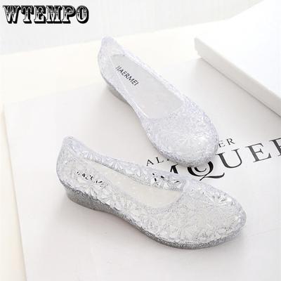 Transparente Sandalen mit Keilabsatz für Damen aus Kristallkunststoff mit flacher Sohle, hohl, wasserdicht, Strandschuhe
