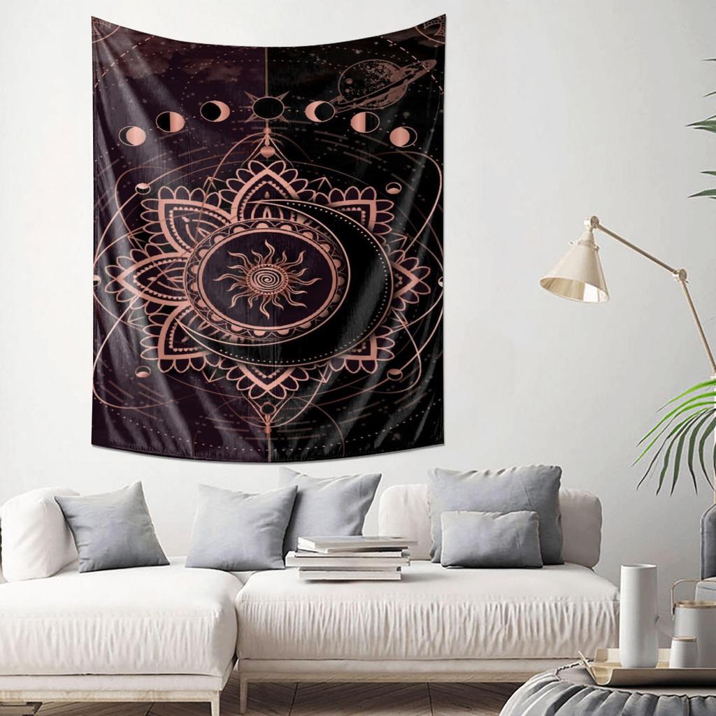 Cosmic Rose Gold Mandala Tapestry with the Beauty of Moon Phases Planets