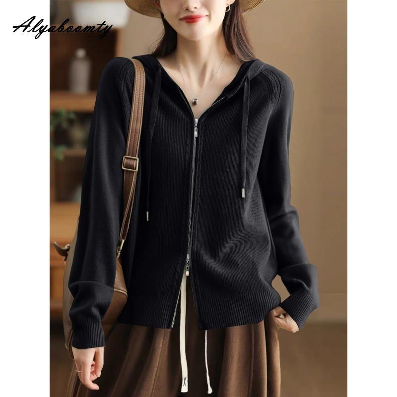 

Корейская мода Осень Зима Женский Однотонный Базовый Кардиган с Капюшоном Базовое Вязаное Пальто на Молнии Повседневное Свободное Все-Сочетающееся Женское Верхняя Одежда M