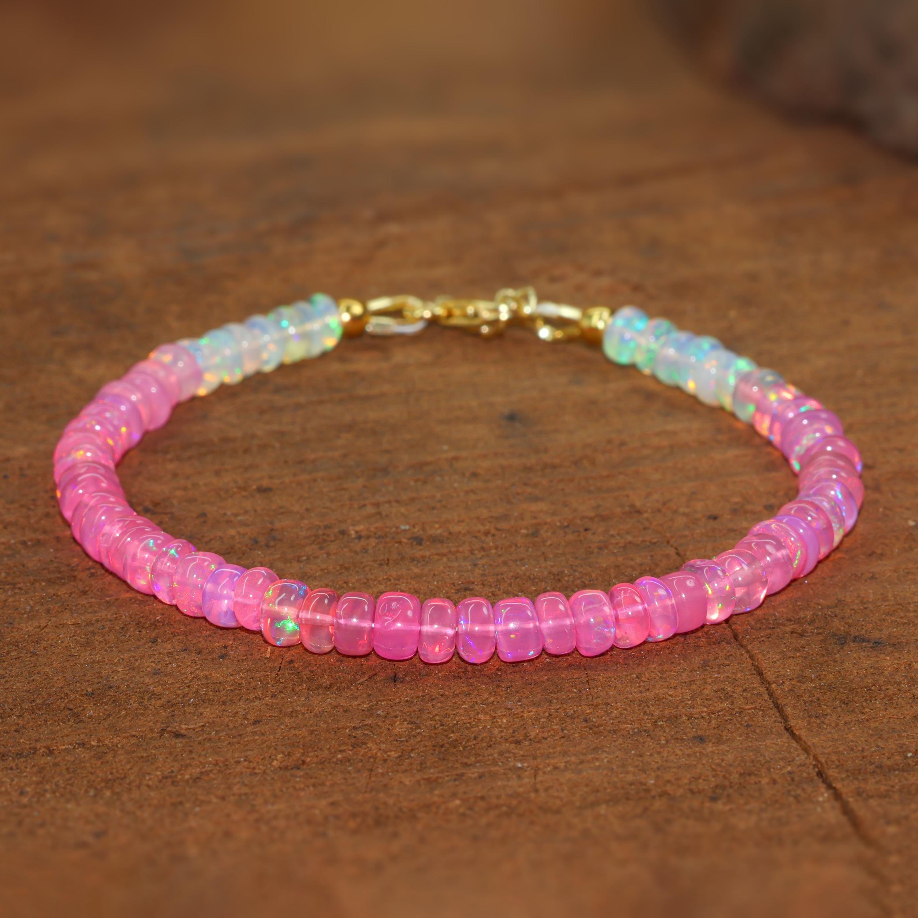 

Pink Shaded Opal Beads Bracelet, Multifire Opal Beads Handmade Bracelet, Natural Opal Beaded Bracelet, Opal Birthstone Jewelry, Gift for Her 5 Inch жовтий/золотий