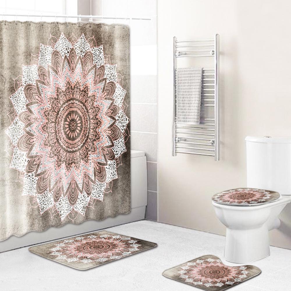 Retro Geometric Bathroom Four-Piece Waterproof Shower Curtain Bedroom Non-Slip Carpet Floor Mat Door Mat