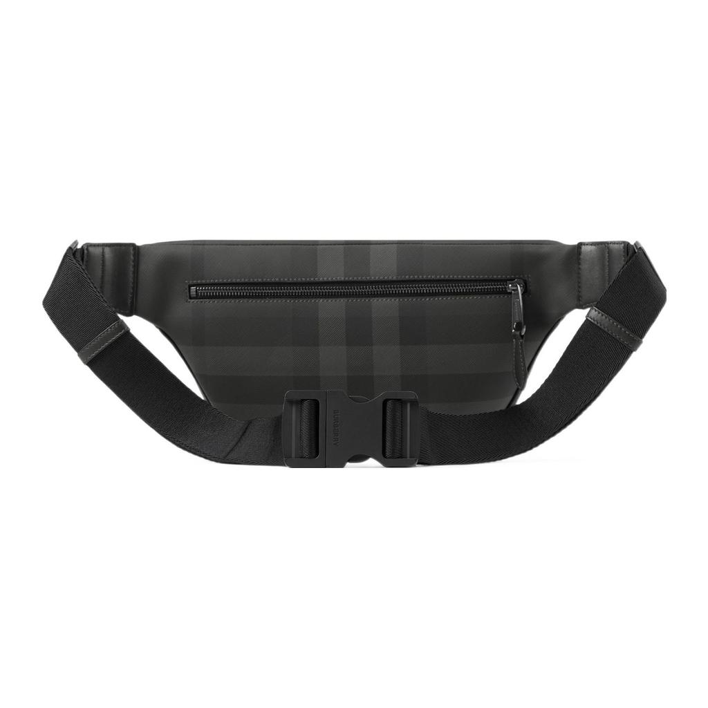 Burberry Borsa Cason con Fibbia Regolabile Tracolla Chiusura a Zip Bordino a Scacchi in Cotone Borsa a Vita in Pelle di Vitello Uomo Borsa a Vita Grigio Carbone 80732671