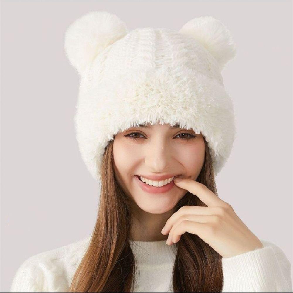 Bear Ear Design Beanie Hat Solid Color Ski Cap Cute Knitted Hat