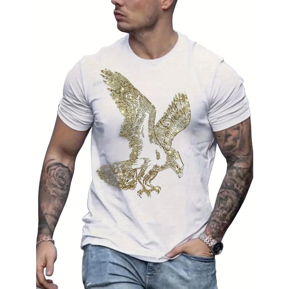 Men Women Funny Eagle Graphic T-Shirt Sparkling Golden Eagle Bling Rhinestone Shirt Crewneck Party