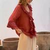 European American Style Leisure Autumn Solid Color V-neck Flutter Sleeve Ruffled Trim Multi-button Cardigan Open Top with Curved Hem