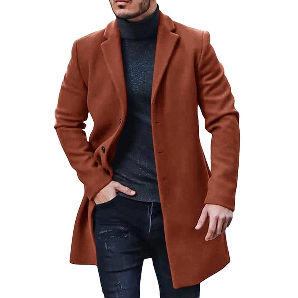 Trench Coat Men Wool Blend Coat Notched Collar Single Breasted Overcoat Business Casual Winter Jacket With Pockets