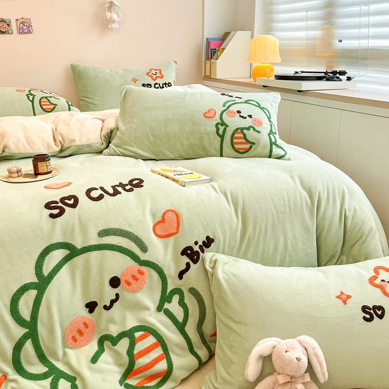 Cartoon Milk Velvet Four Piece Patch Embroidered Coral Velvet Quilt Cover Flannel Sheet Quilt Cover