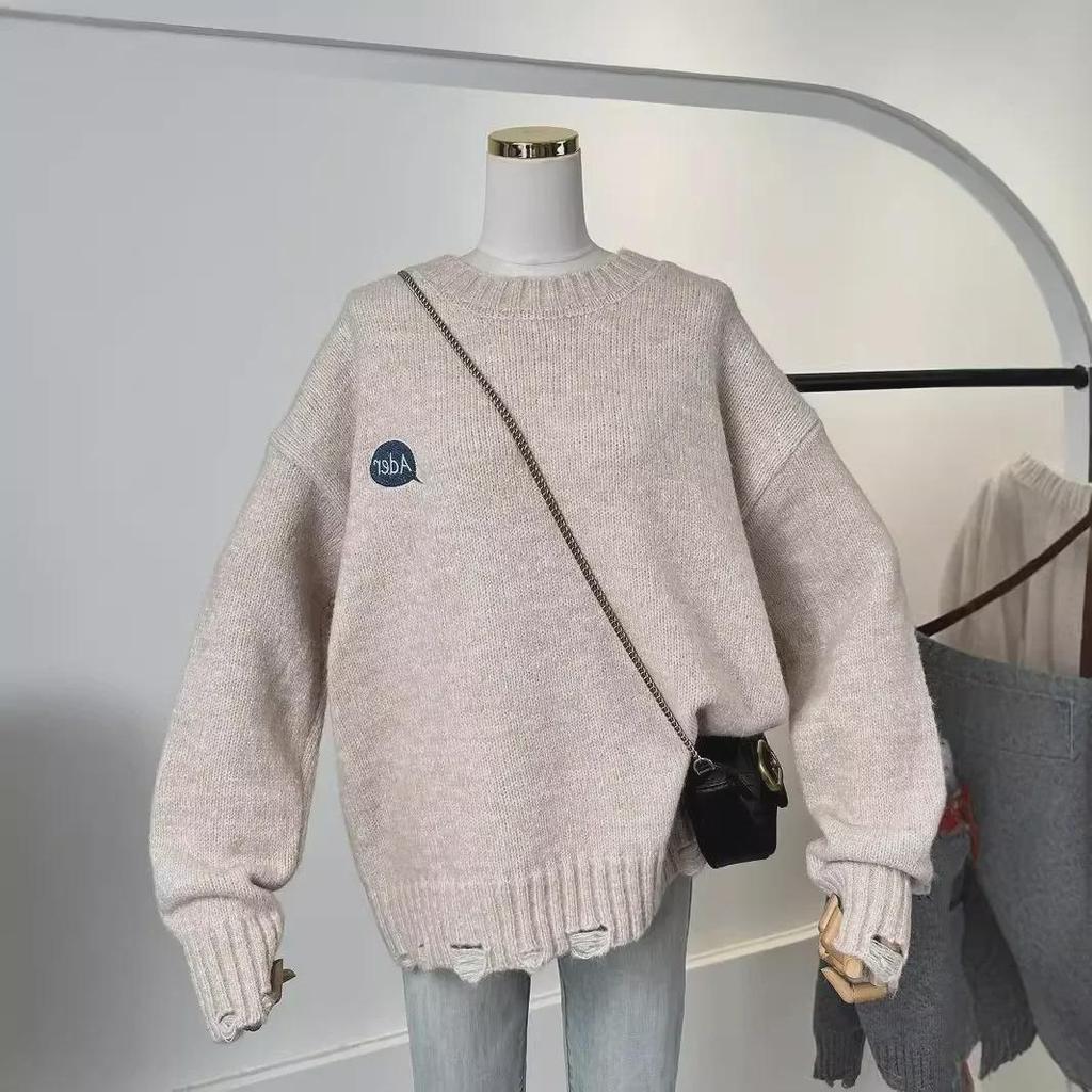 Women's Autumn & Winter Fashionable Loose Knitted Sweater with Retro Cartoon Embroidery and Ripped Details