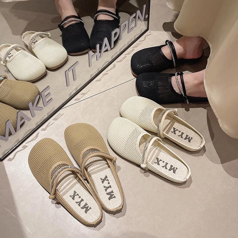 Fashion Women's Fashion Slippers Flat Sole Round Toe Mesh Upper Women's Mules Dress Outdoor Roman Retro Breathable Zapatillas De Mujer