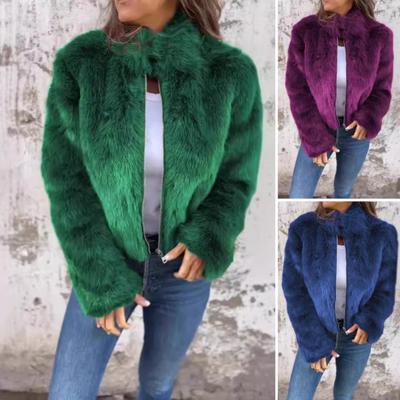 Winter Women Jacket Faux Fox Fur High Collar Cozy Jacket Zipper Closure Solid Color Cold Weather Celebrity Outdoor Outerwear