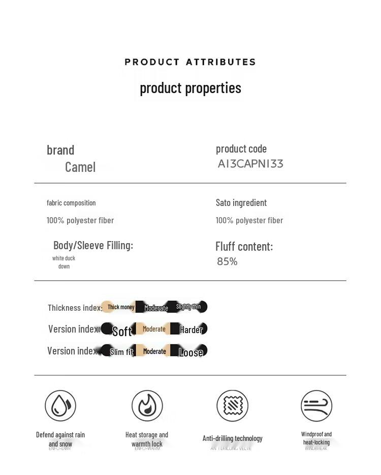 CAMEL Unisex 3-Proof Duck Down Jacket A13CAPN133