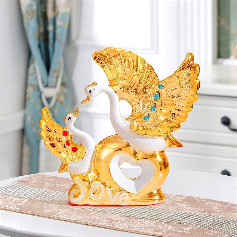 Gold-plated Swan Wedding Gift Ceramic Vase Ornaments Home Furnishing Decoration Crafts Livingroom Creative TV Table Figurines