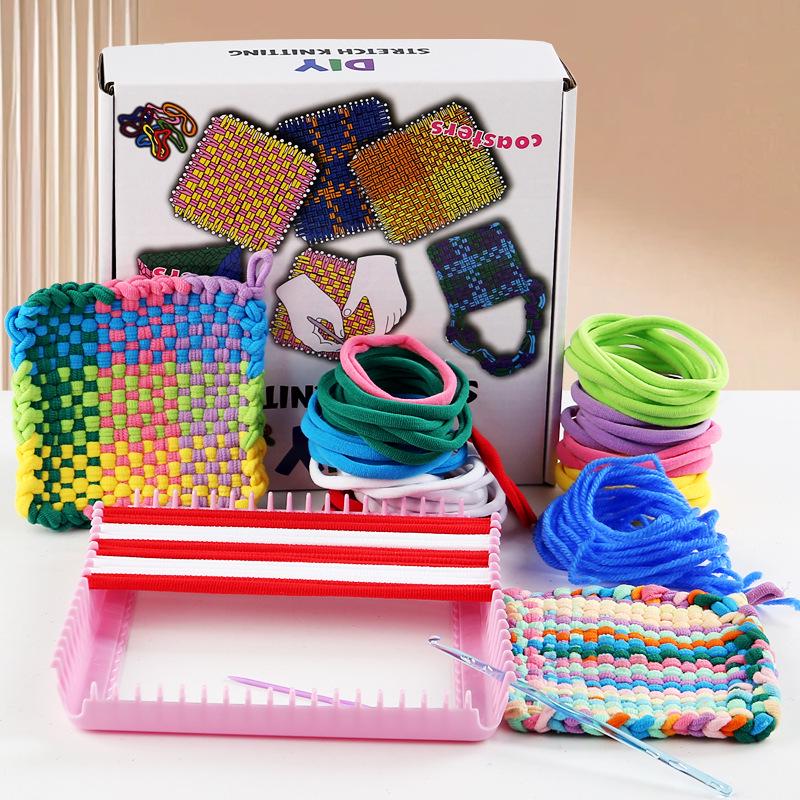 Girls' DIY Fabric Wallet Kit: Handmade Rainbow Knitting Machine with Elastic Rope for Ages 3-6.