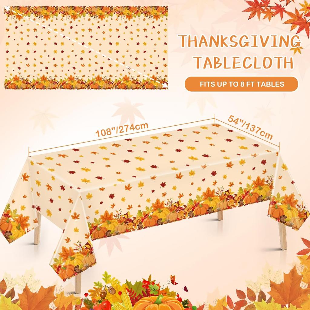 2 Pack Thanksgiving Tablecloth Fall Party Decorations, 54 x 108 Inch Rectangle Disposable Autumn Table Cloth, Plastic Pumpkin Table Cover for Harvest