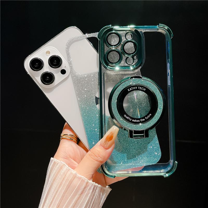 For iPhone 15 Pro Max Luxury Magsafe Magnetic Flash Plating Stand Phone Case For iPhone 11 12 13 14 16Plus Lens Protective Cover