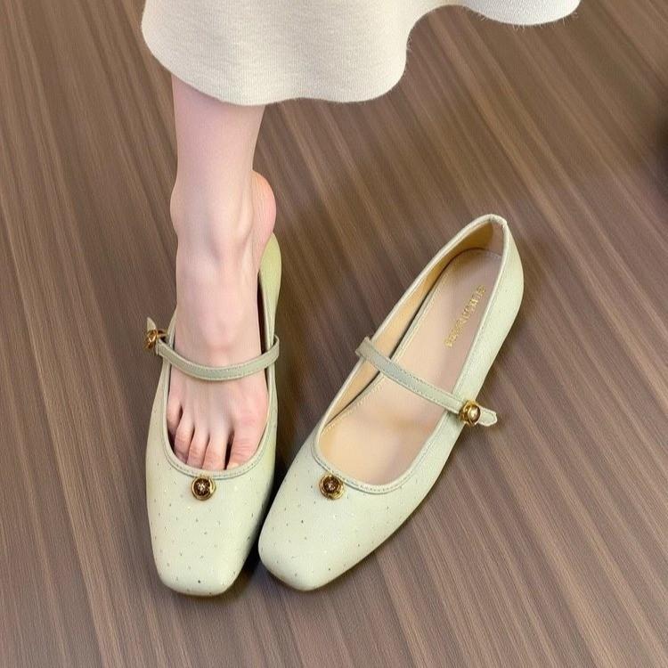 Retro Camellia Inner Height Increase Square Head Mary Jane Single Shoes One-word Buckle Belt Thick Heel with Skirt Small Leather Shoes Women