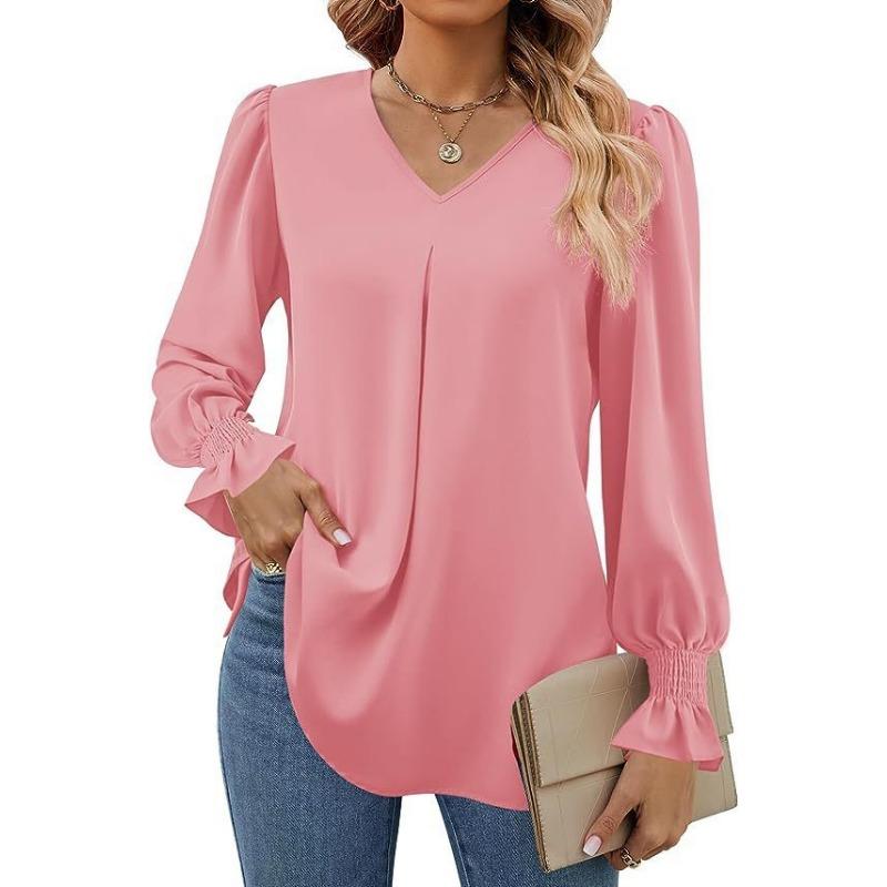 Damen Einfarbig Chiffon Pullover V-Ausschnitt Pullover Ausgestellt Langarm Bluse Bluse