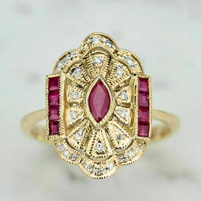 Huitan Gorgeous Red CZ Gold Color Rings for Women Vintage Style Luxury Lady Accessories Party Anniversary Gift Noble Zircon