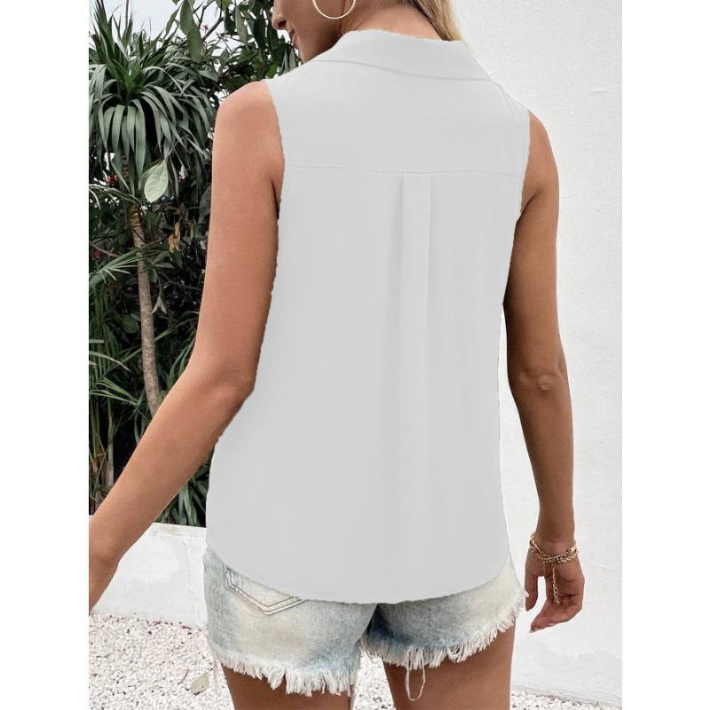 Women Summer New Style Solid Color V Neck Loose Chiffon Shirt Sleeveless Button Down Vest Blouse