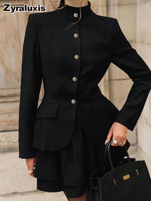 Vintage American Retro High-End Collegiate Style Versatile Charming Age-Defying Stand Collar Suit Top & A-Line Skirt Set