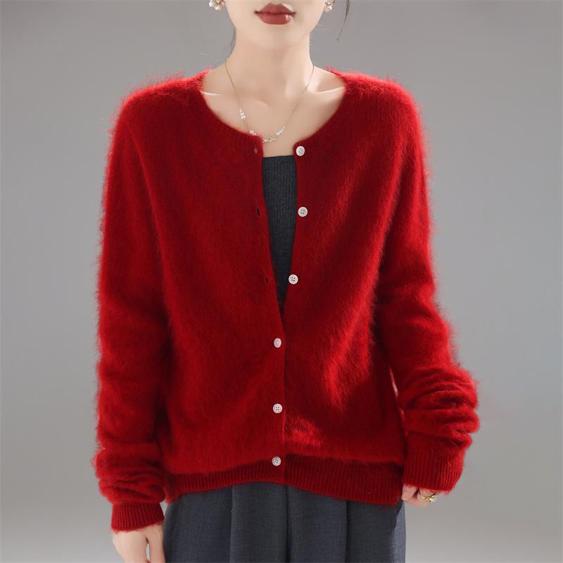 Women's Seamless One-Piece Knit Wool Cardigan Sweater with Brushed Finish