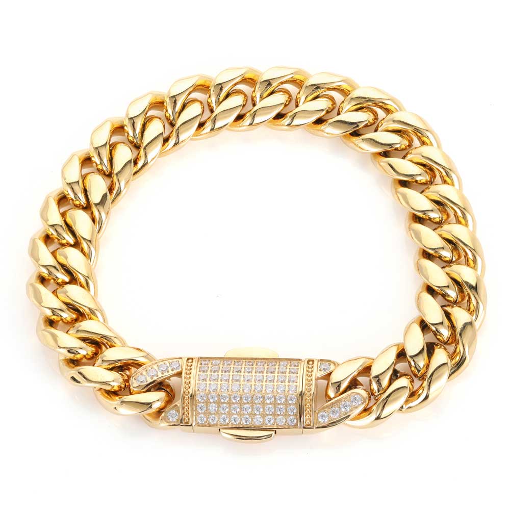 12MM Width Stainless Steel Miami Cuban Link Bracelet Iced CNC Inlay Cubic Zirconia Hip Hop Jewelry for Men Women Wholesale