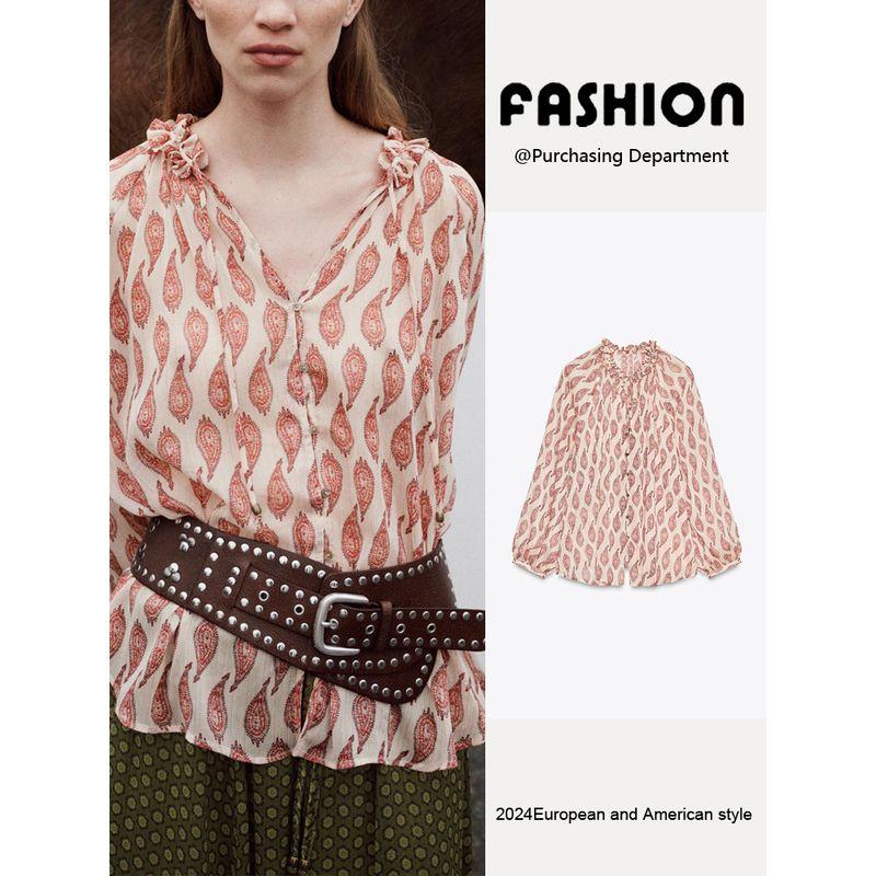 Za2025 Spring New Women's Clothing Easiest for Match Metal Color Line Print Temperament Long Sleeve Lapel Shirt 2505141