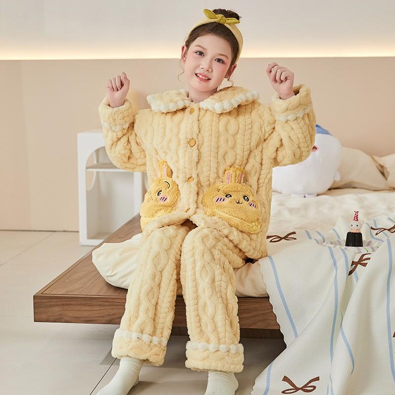 Girls Cartoon Fleece Pajama Set Warm Long Sleeve Open Front Sleepwear Winter Home Use