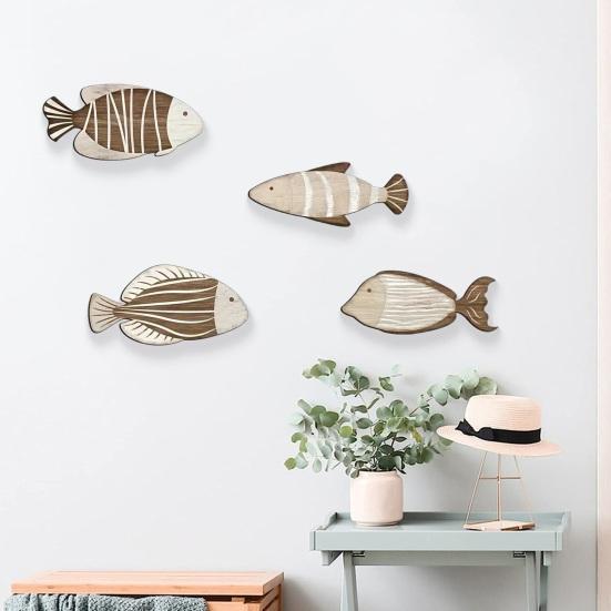 4 Pcs Wood Fish Wall Decor Vintage Nautical Beach Wall Art Coastal Wooden Hanging Sculpture for Lake House Ocean Bathroom Bedroom Home Decor